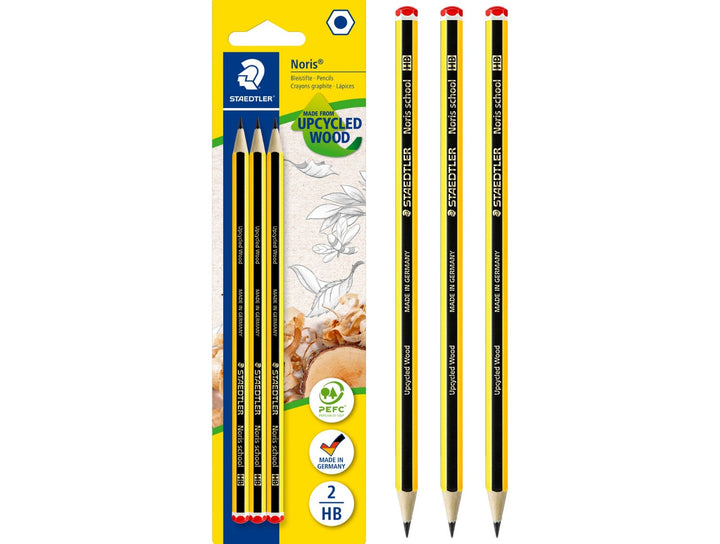 STAEDTLER Noris School 121 graphite pencils HB pack of 3 with packaging and pencils displayed