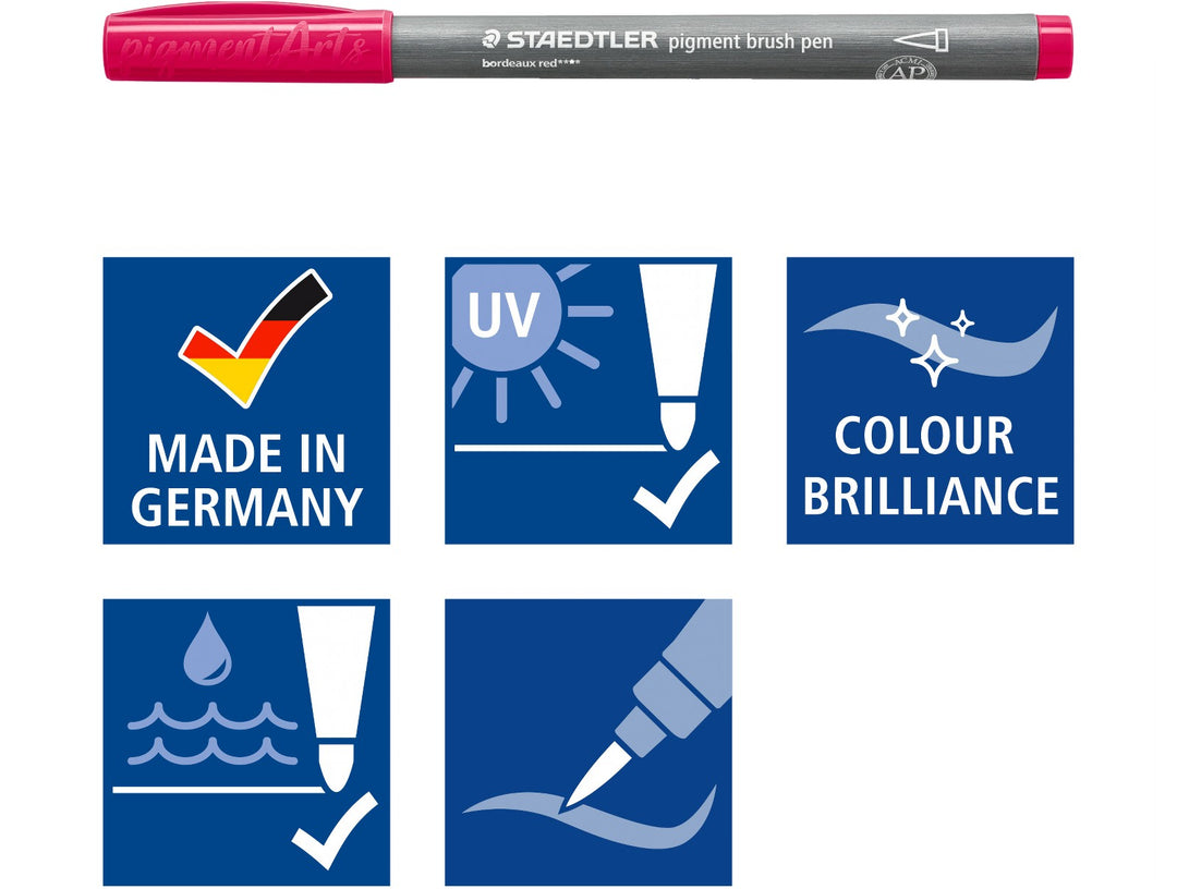 STAEDTLER pigment brush pen 371 showing key features including colour brilliance, lightfast ink, flexible brush tip and made in Germany