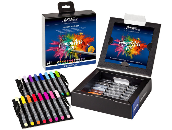 STAEDTLER pigment brush pen 371 assorted colour set pack of 24 with pens arranged and box packaging open