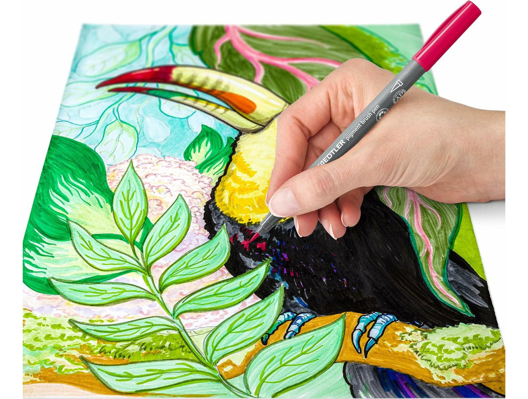 STAEDTLER pigment brush pen 371 assorted colour set used for detailed bird illustration with vibrant colour shading