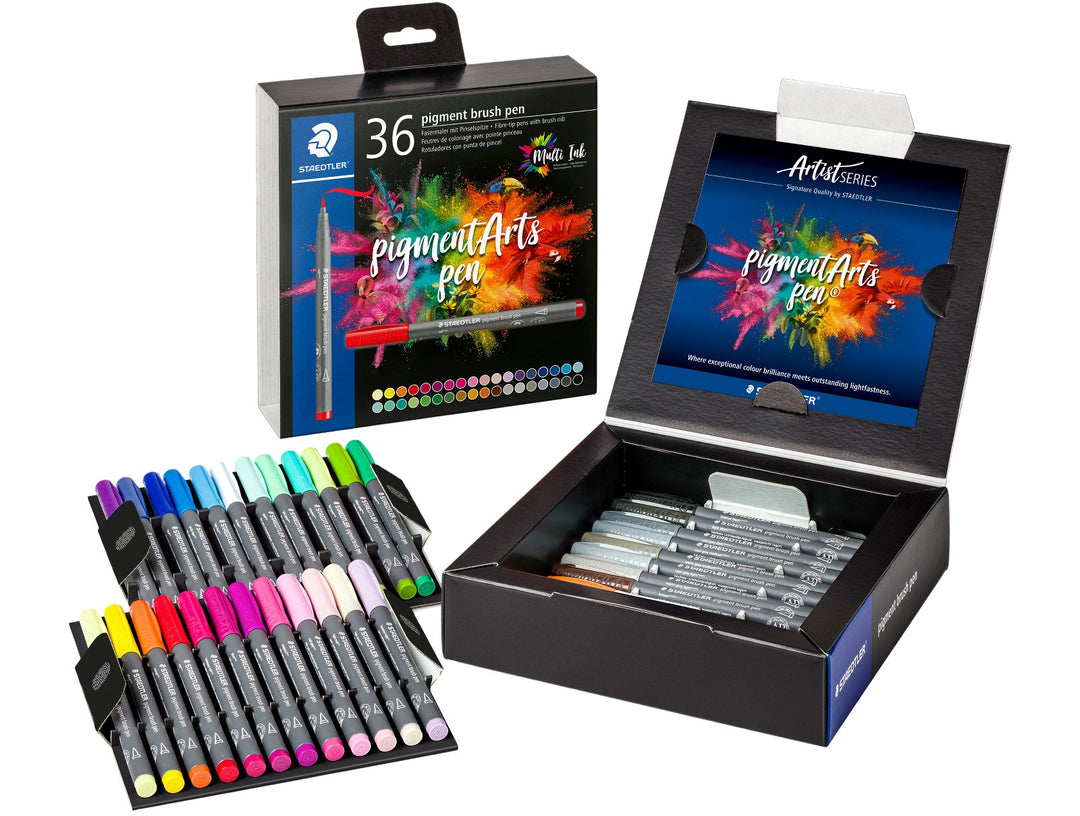 STAEDTLER pigment brush pen 371 assorted colour set pack of 36 with pens arranged and box packaging open