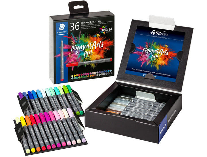STAEDTLER pigment brush pen 371 assorted colour set pack of 36 with pens arranged and box packaging open
