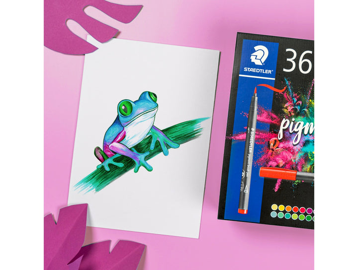 STAEDTLER pigment brush pen 371 assorted colour set used to create vibrant frog illustration with multicolour shading