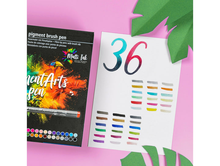 STAEDTLER pigment brush pen 371 assorted colour set showing 36 colour swatches and brush stroke samples