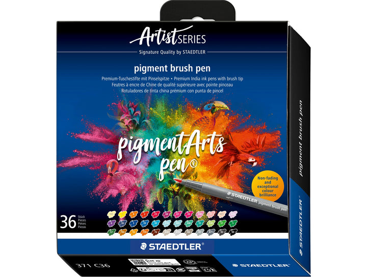 STAEDTLER pigment brush pen 371 assorted colour set pack of 36 in retail packaging