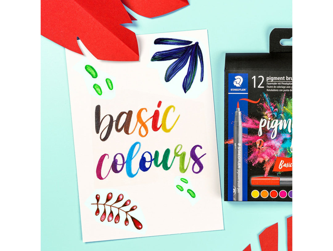 STAEDTLER pigment brush pen 371 assorted colour set used to create colourful lettering and mixed colour illustration