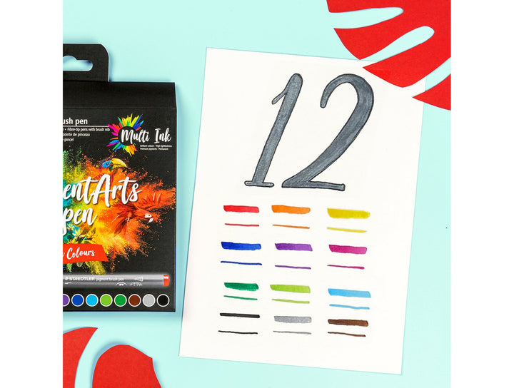 STAEDTLER pigment brush pen 371 assorted colour set showing 12 ink swatches and brush stroke samples