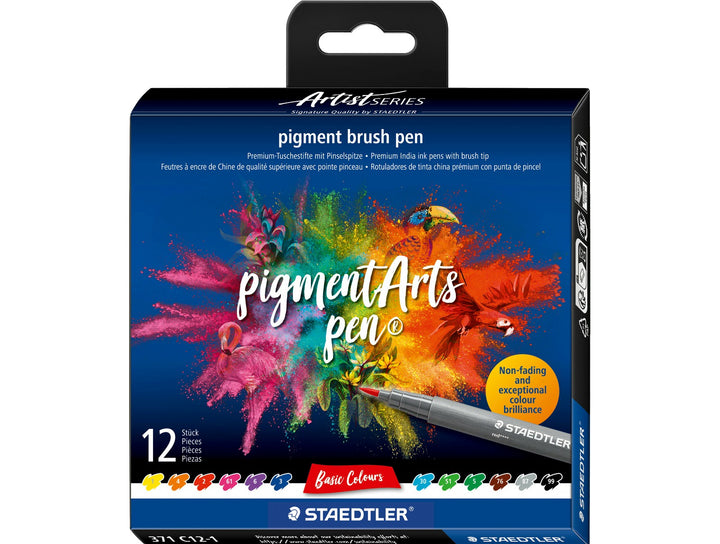 STAEDTLER pigment brush pen 371 assorted colour set pack of 12 in retail packaging