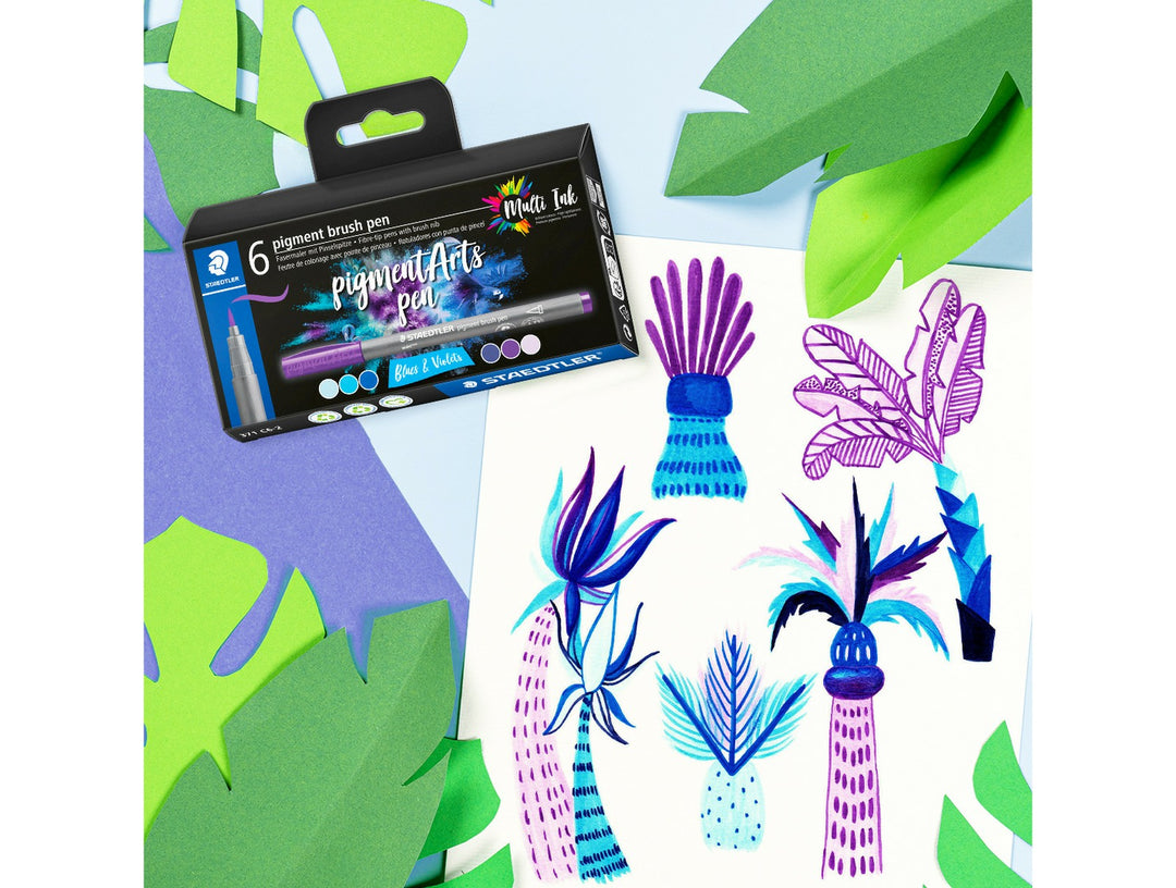 STAEDTLER pigment brush pen 371 blues and violets colour set used to create vibrant botanical illustration in blue and purple tones