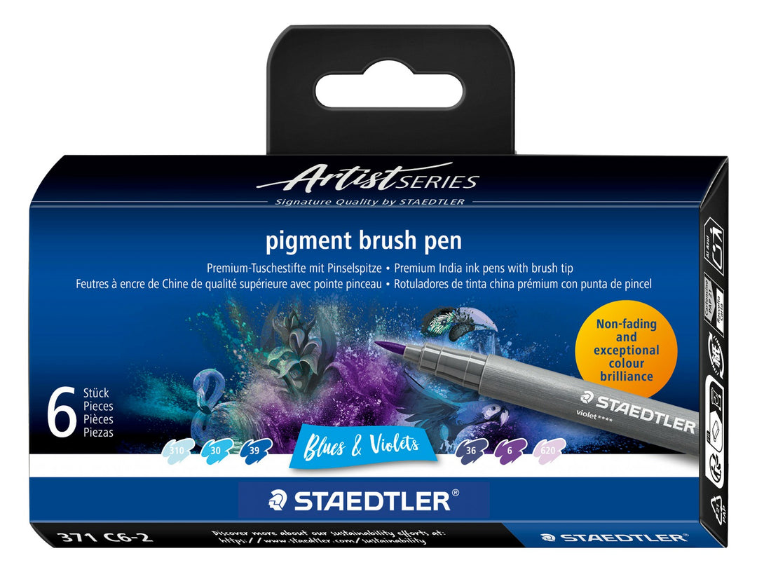 STAEDTLER pigment brush pen 371 blues and violet colour set pack of 6 in retail packaging