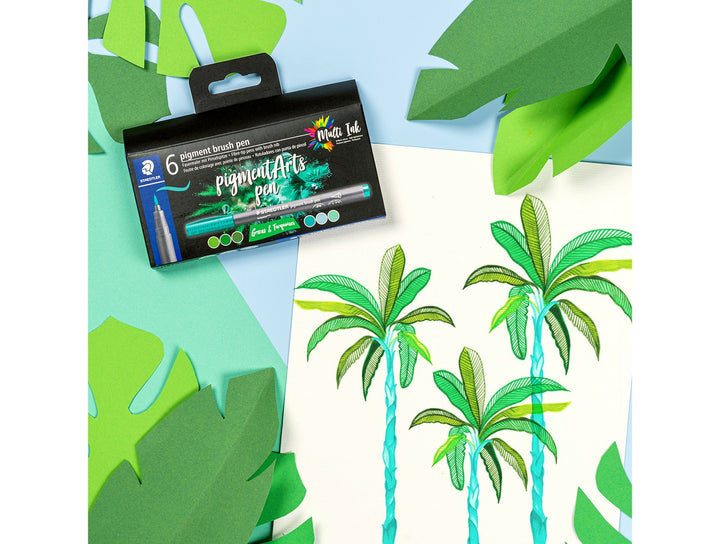 STAEDTLER Pigment Brush Pen 371 Set – Greens &amp; Turquoises (Pack of 6)
