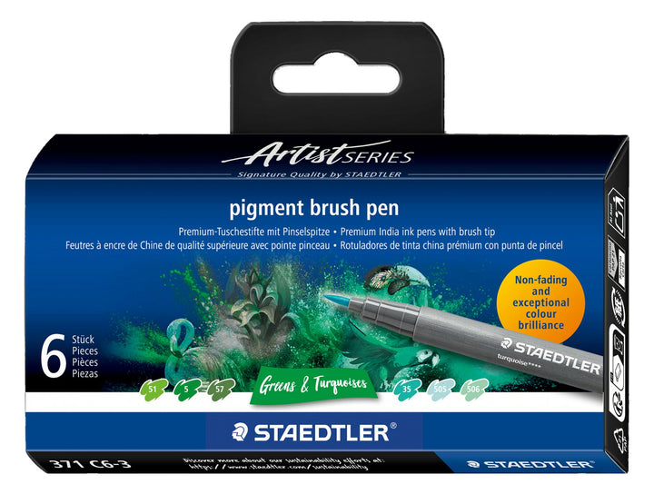 STAEDTLER pigment brush pen 371 greens and turquoise colour set pack of 6 in retail packaging