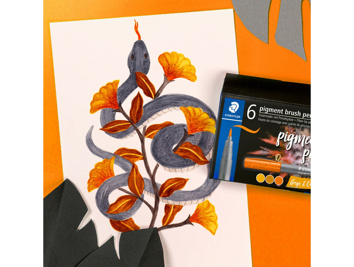 STAEDTLER pigment brush pen 371 greys and caramel colour set used to create botanical illustration with neutral tones