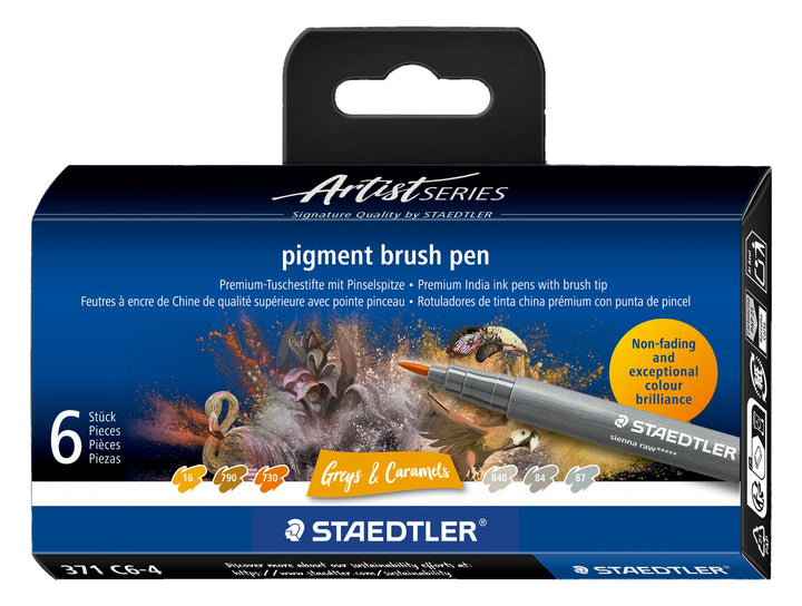 STAEDTLER pigment brush pen 371 greys and caramel colour set pack of 6 in retail packaging
