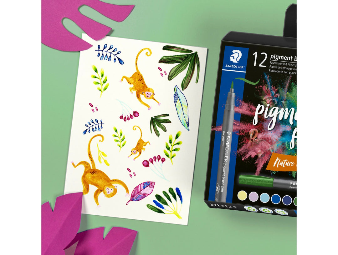 STAEDTLER pigment brush pen 371 nature colour set used to create colourful animal and botanical illustration