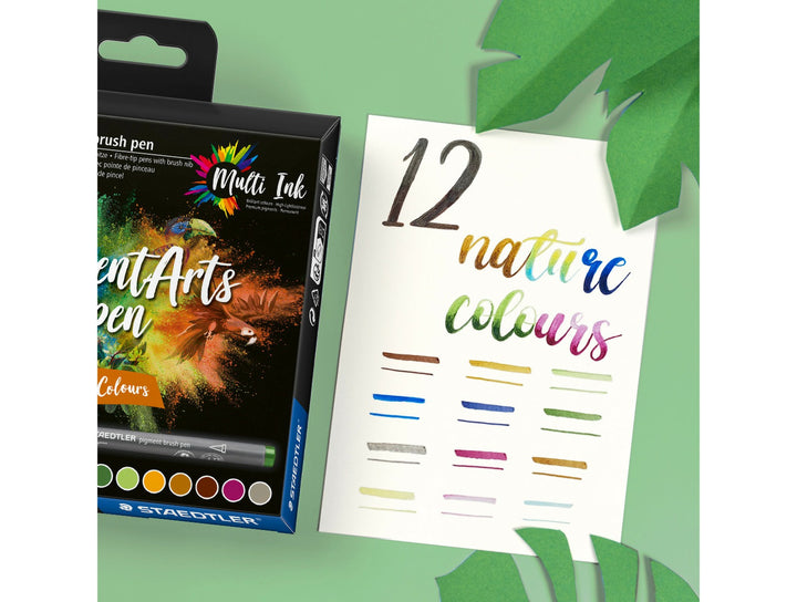 STAEDTLER pigment brush pen 371 nature colour set showing 12 colour swatches and lettering example