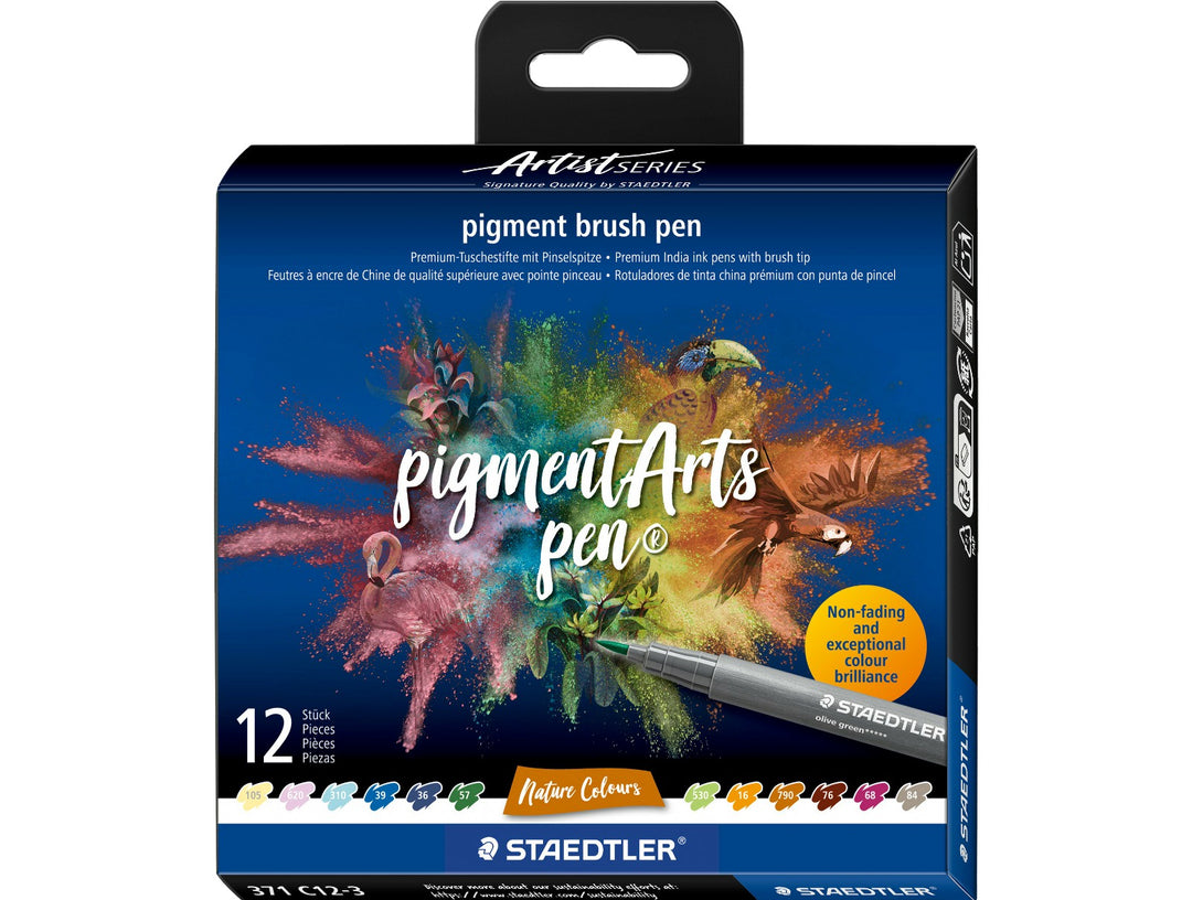 STAEDTLER pigment brush pen 371 nature colour set pack of 12 in box packaging