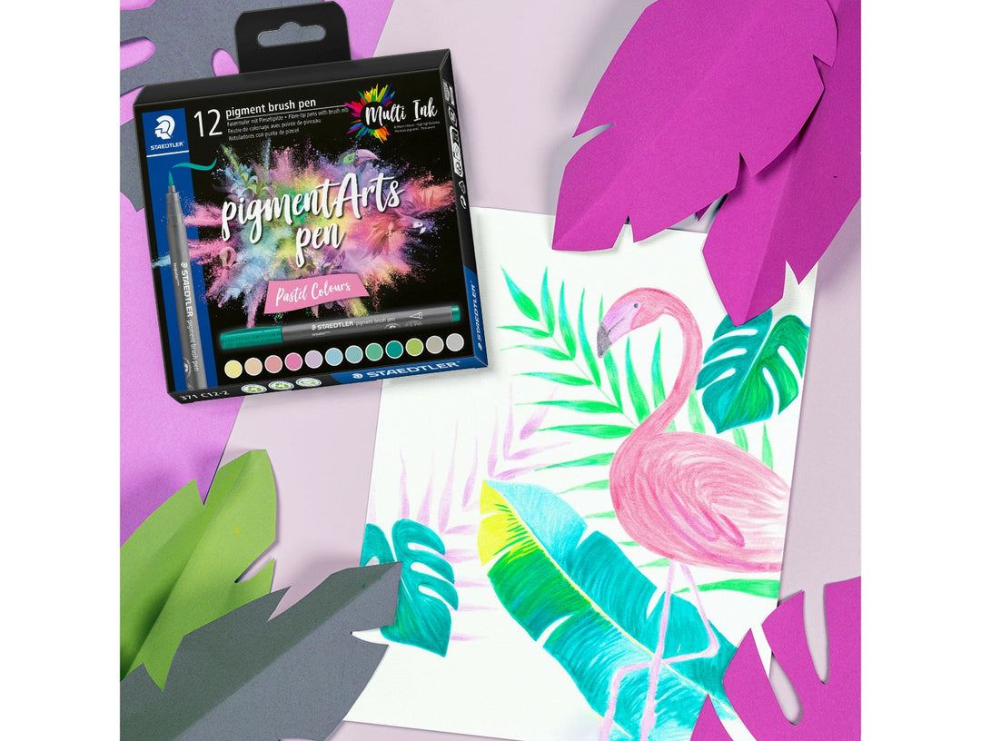 STAEDTLER pigment brush pen 371 pastel colour set used to create tropical flamingo artwork with soft brush lettering colours