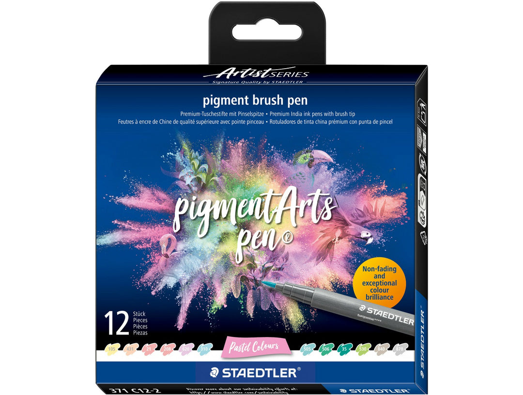 STAEDTLER pigment brush pen 371 pastel colour set pack of 12 in box packaging