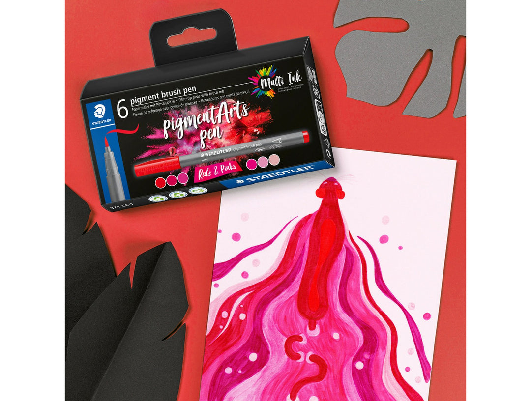STAEDTLER pigment brush pen 371 pinks and reds colour set used to create vibrant pink artwork illustration