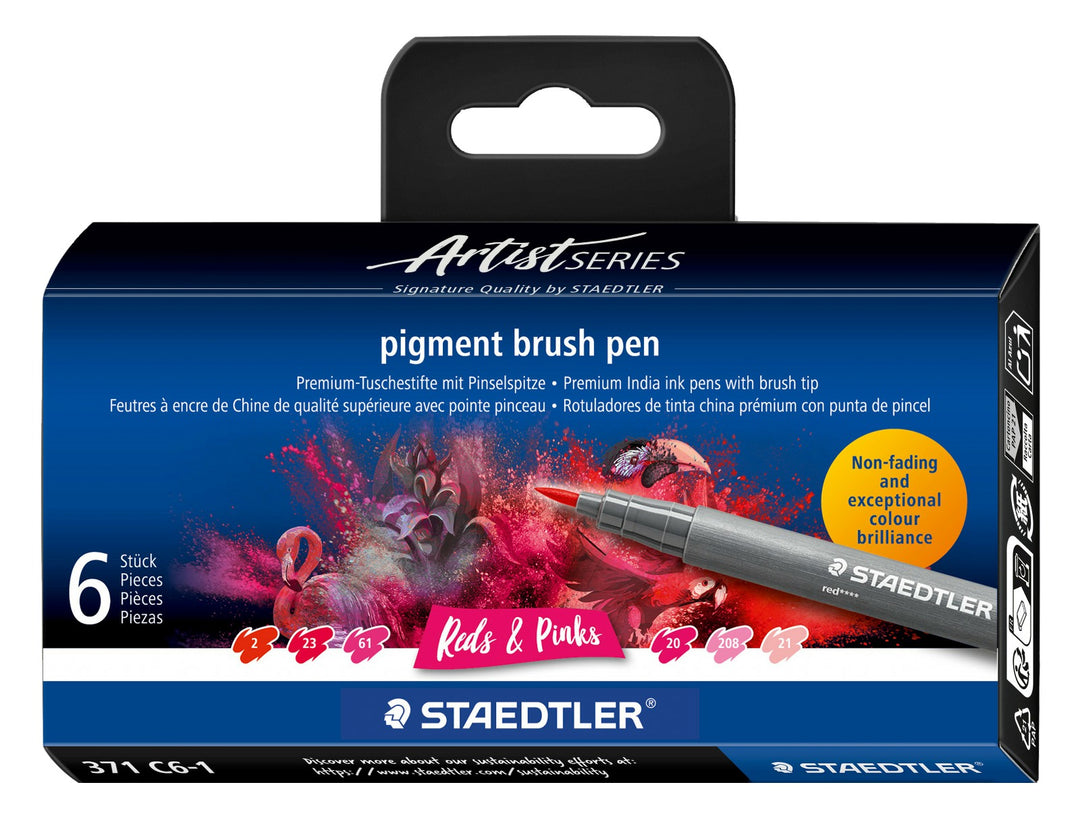 STAEDTLER pigment brush pen 371 pinks and reds colour set pack of 6 in retail packaging