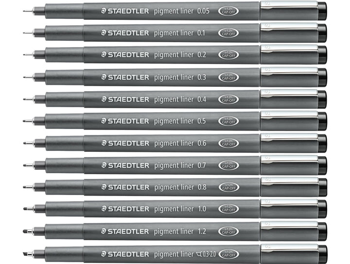 STAEDTLER Pigment Liner 308 drawing pens comparison showing all line widths from 0.05 mm to 1.2 mm with C2 0.3–2.0 mm tip