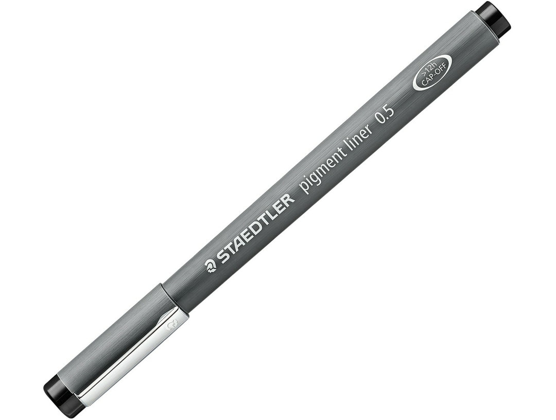 STAEDTLER Pigment Liner 308 fineliner drawing pen black with cap on showing full barrel design