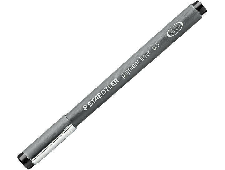 STAEDTLER Pigment Liner 308 fineliner drawing pen black with cap on showing full barrel design