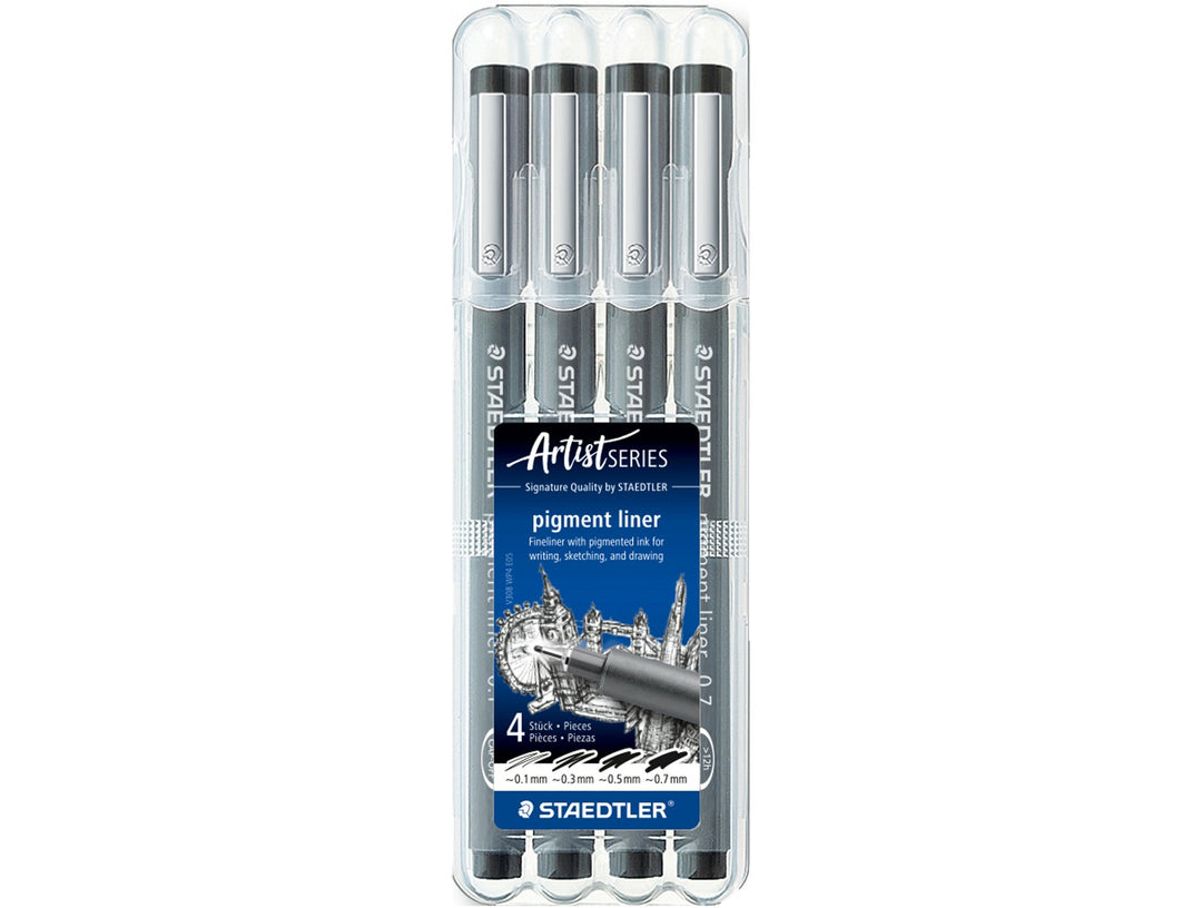 STAEDTLER pigment liner 308 black 4 pack in clear case showing four line widths for precise technical drawing
