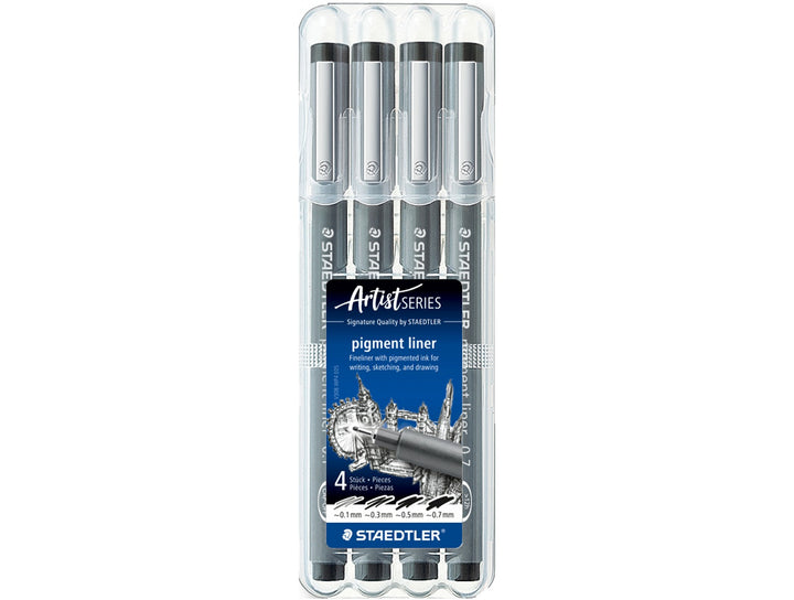 STAEDTLER pigment liner 308 black 4 pack in clear case showing four line widths for precise technical drawing