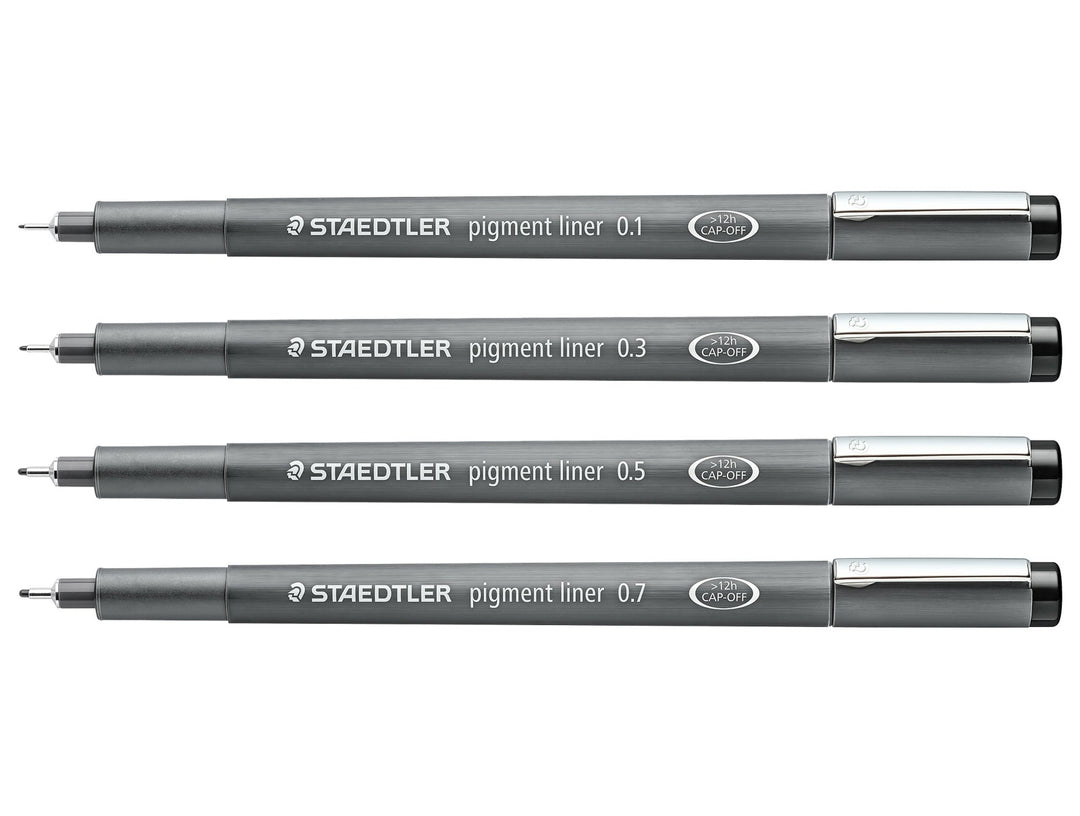 STAEDTLER pigment liner 308 black 4 pen set displaying core line widths for technical drawing and illustration