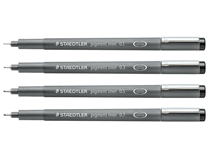 STAEDTLER pigment liner 308 black 4 pen set displaying core line widths for technical drawing and illustration