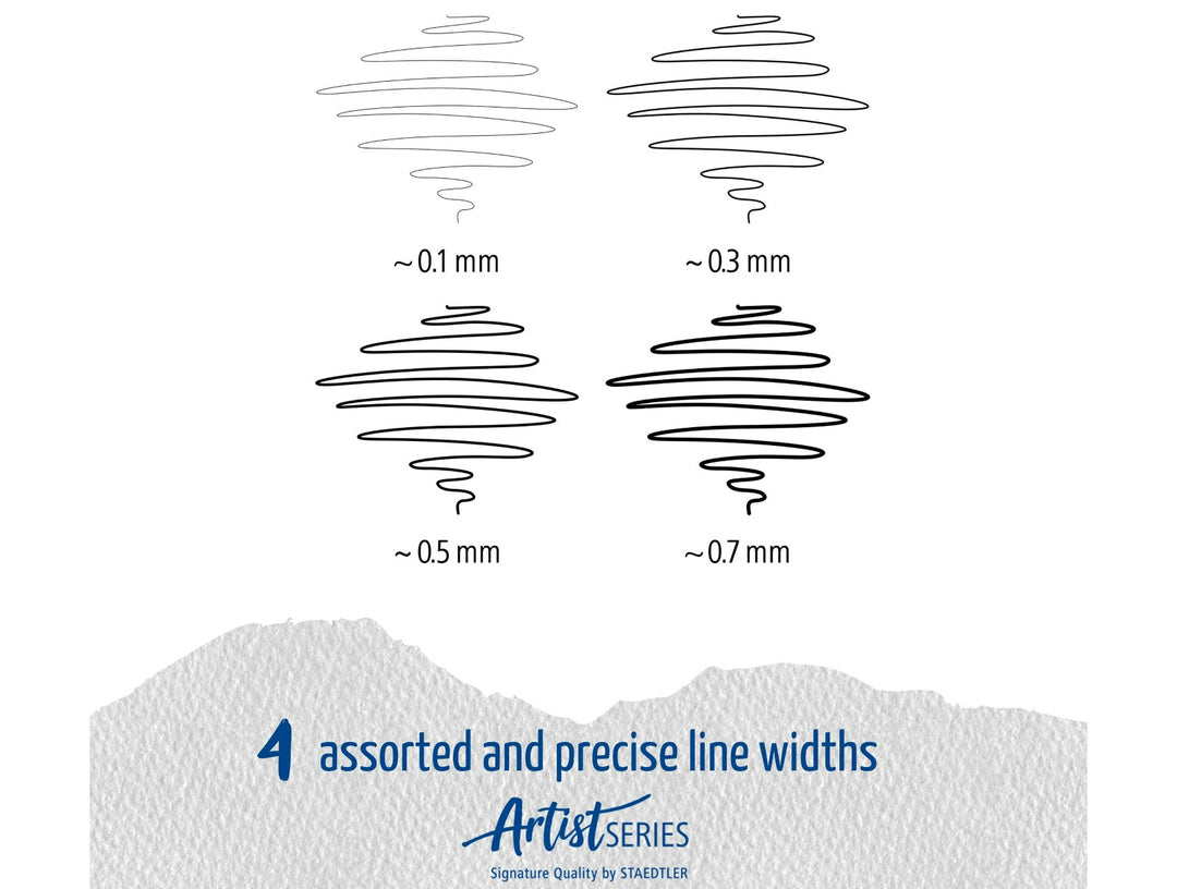 STAEDTLER pigment liner 308 assorted line widths sample showing precise stroke variation from 0.1 mm to 0.7 mm