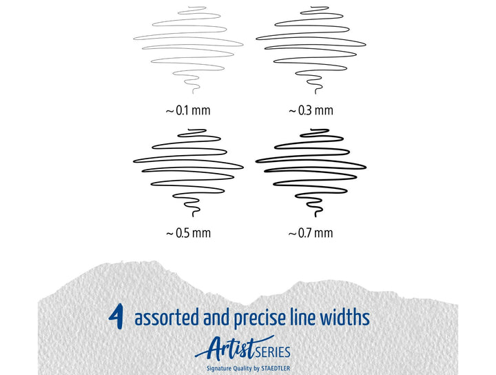STAEDTLER pigment liner 308 assorted line widths sample showing precise stroke variation from 0.1 mm to 0.7 mm