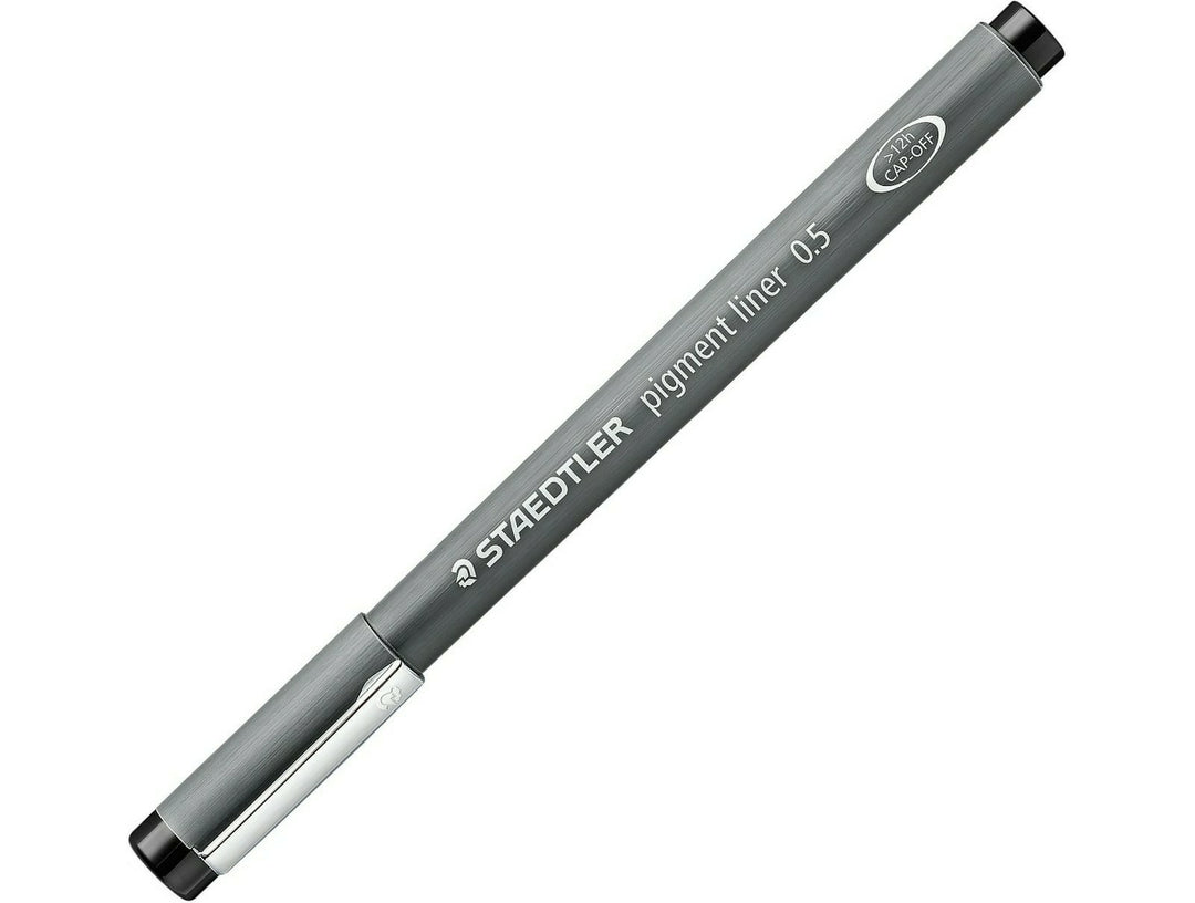 STAEDTLER pigment liner 308 black pen 0.5 with cap on showing full barrel design