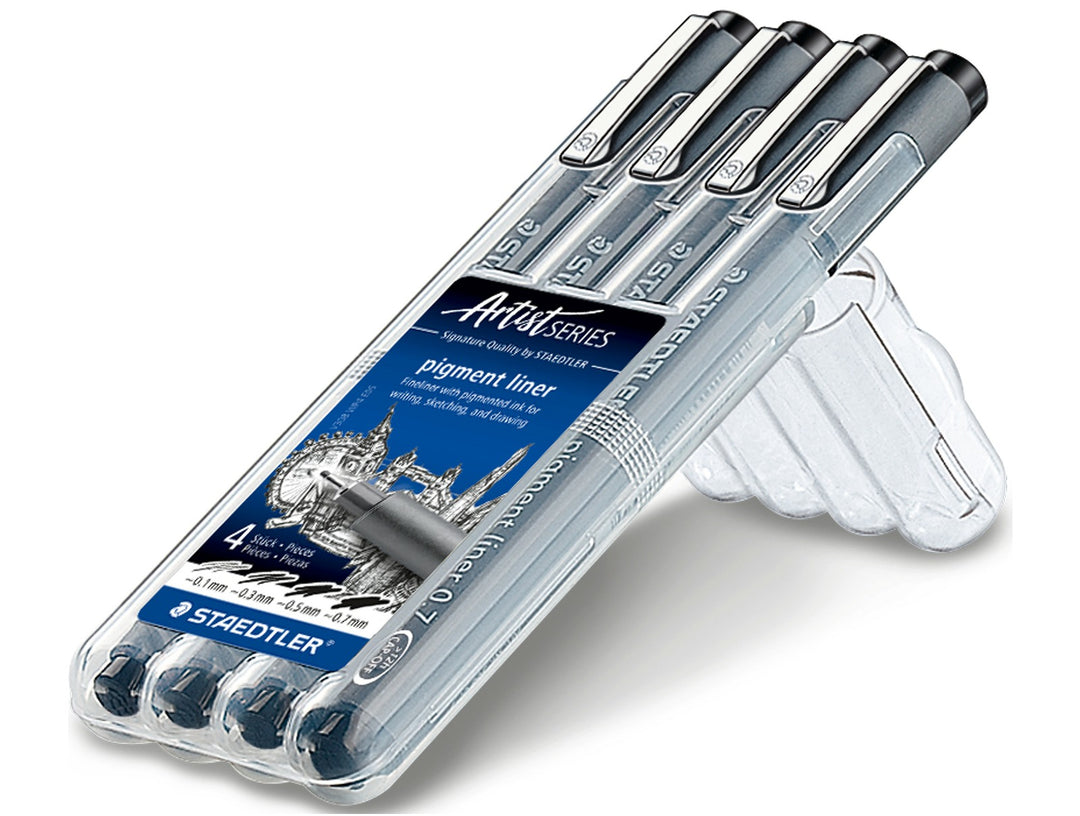 STAEDTLER pigment liner 308 black set of 4 assorted line widths in angled plastic case with stand