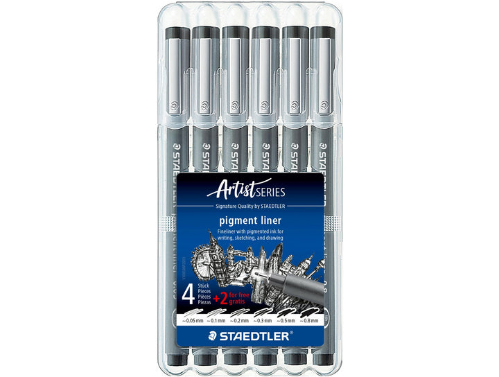 STAEDTLER pigment liner 308 black 6 pack in clear case showing range of fine line widths for technical drawing