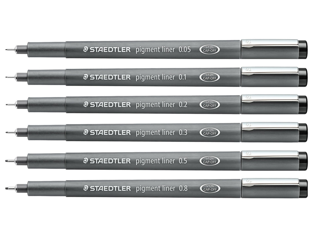STAEDTLER pigment liner 308 black set showing 6 pens with assorted line widths from 0.05 to 0.8 mm