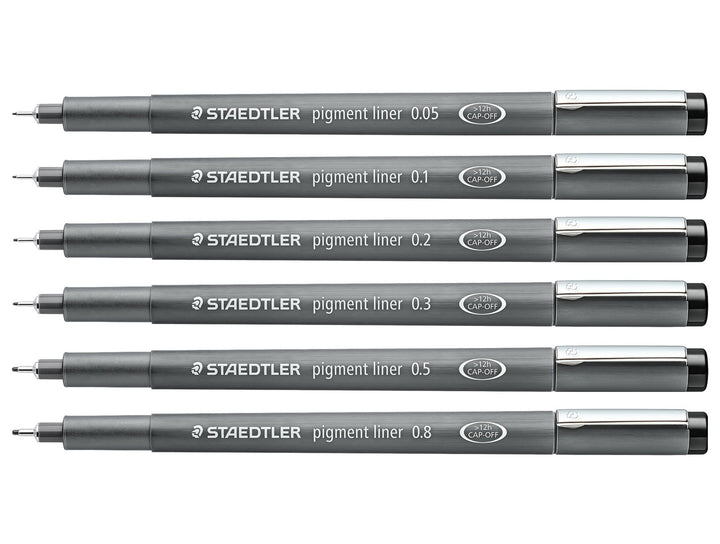 STAEDTLER pigment liner 308 black set showing 6 pens with assorted line widths from 0.05 to 0.8 mm