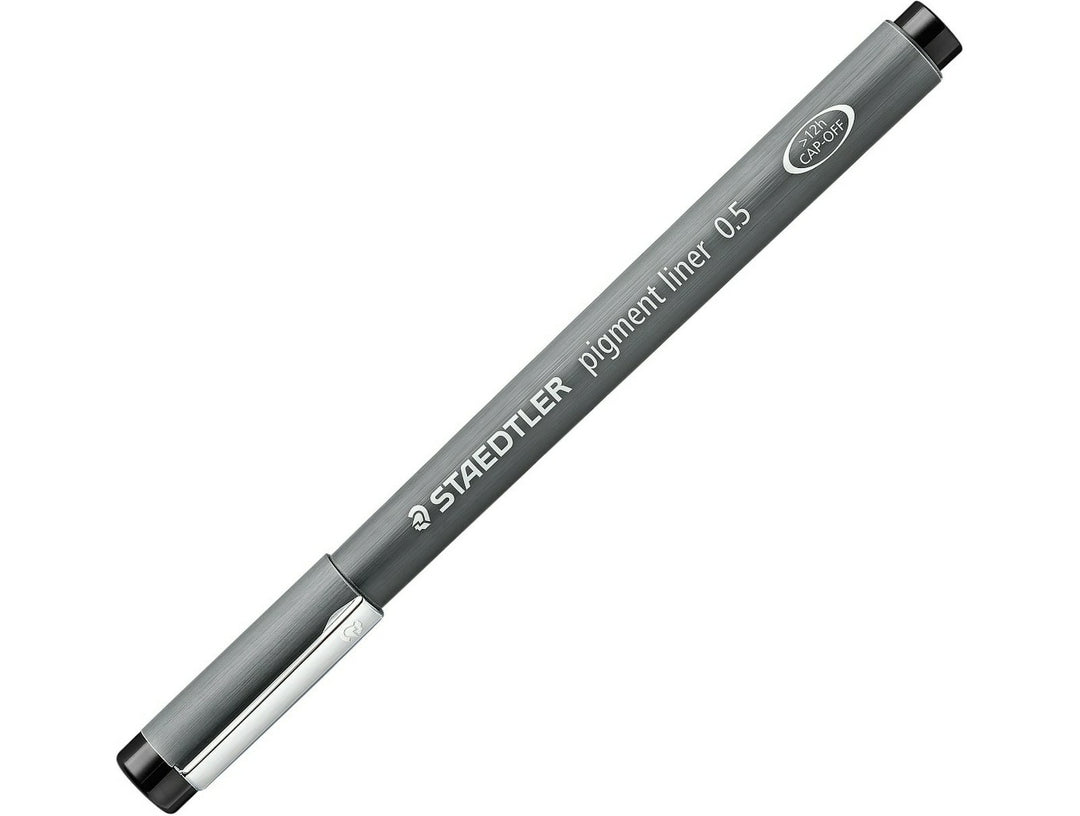 STAEDTLER pigment liner 308 black pen 0.5 with cap on showing full barrel design