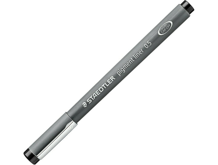 STAEDTLER pigment liner 308 black pen 0.5 with cap on showing full barrel design