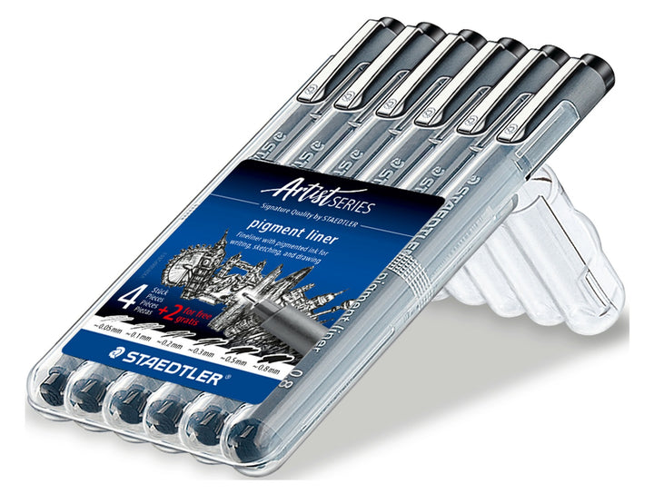 STAEDTLER pigment liner 308 black set of 6 assorted line widths in angled plastic case with stand