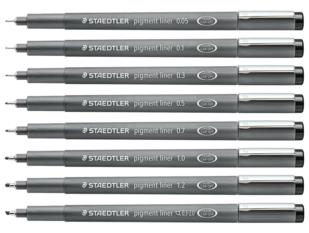 STAEDTLER pigment liner 308 black set showing 8 pens with assorted line widths from 0.05 to 2.0 mm