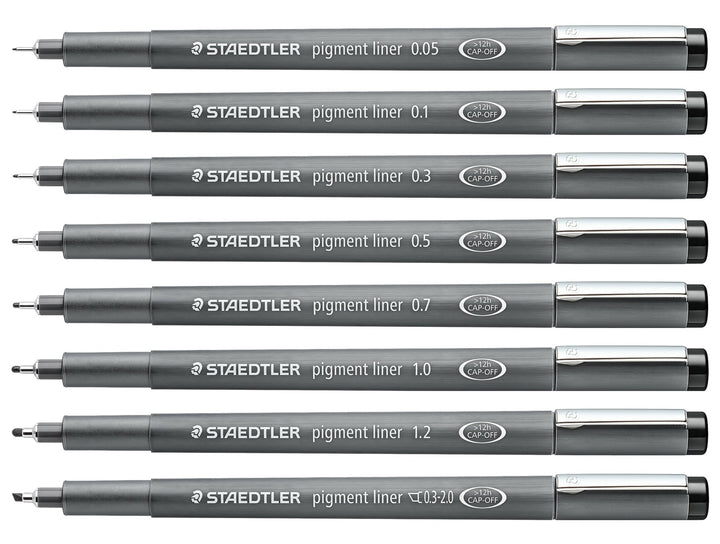 STAEDTLER pigment liner 308 black set showing 8 pens with assorted line widths from 0.05 to 2.0 mm