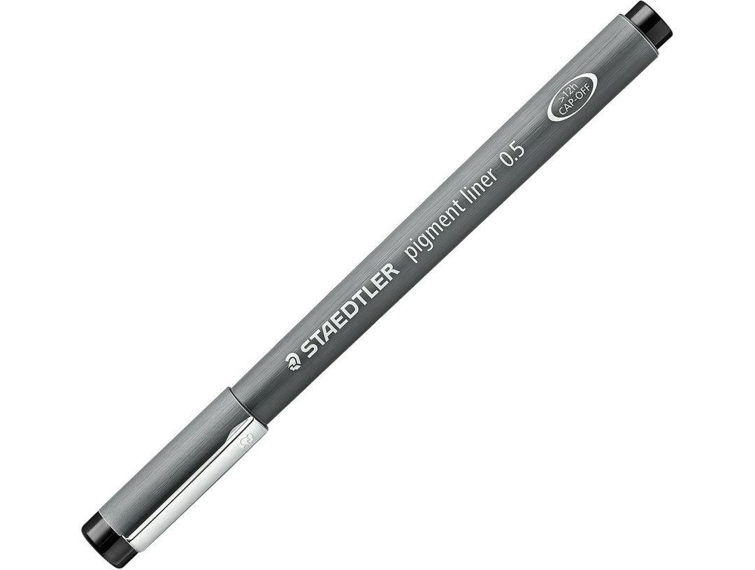 STAEDTLER pigment liner 308 black pen 0.5 with cap on showing full barrel design