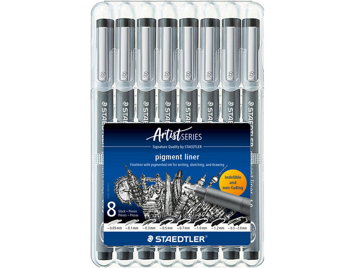 STAEDTLER pigment liner 308 black set of 8 assorted line widths in plastic case packaging front view