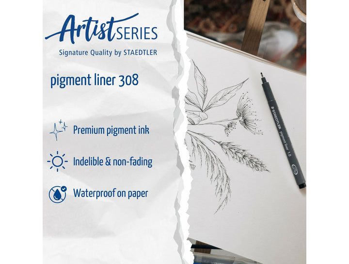 STAEDTLER pigment liner 308 features and drawing example showing premium pigment ink, indelible and waterproof performance