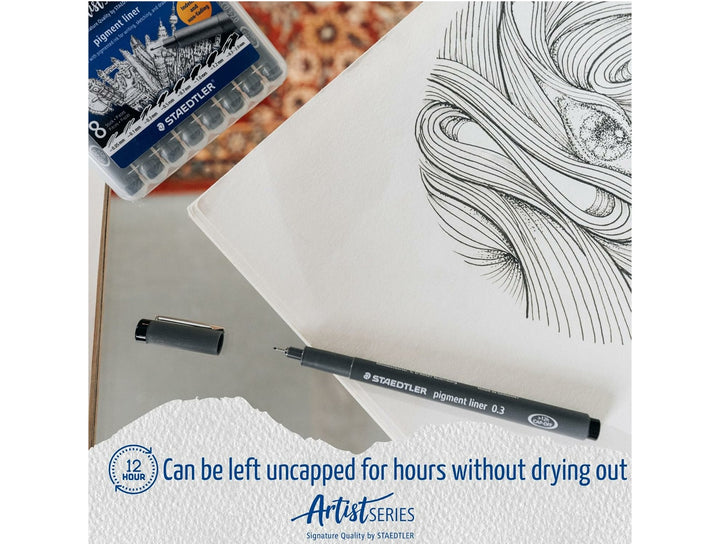 STAEDTLER pigment liner 308 used for detailed drawing with black ink and uncapped pen showing long cap-off performance