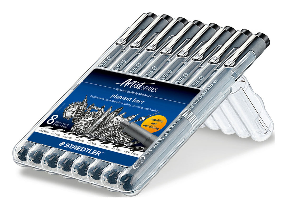 STAEDTLER pigment liner 308 black set of 8 assorted line widths with packaging and pens displayed