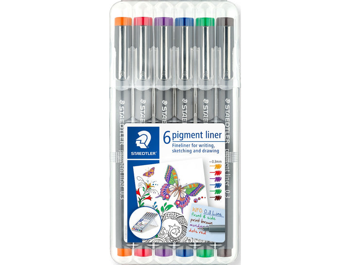 STAEDTLER pigment liner 308 assorted colour set pack of 6 in plastic case packaging front view